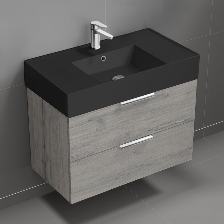 Nameeks DERIN640 Wall Mounted Bathroom Vanity With Black Sink, Modern, 32 Inch, Grey Oak